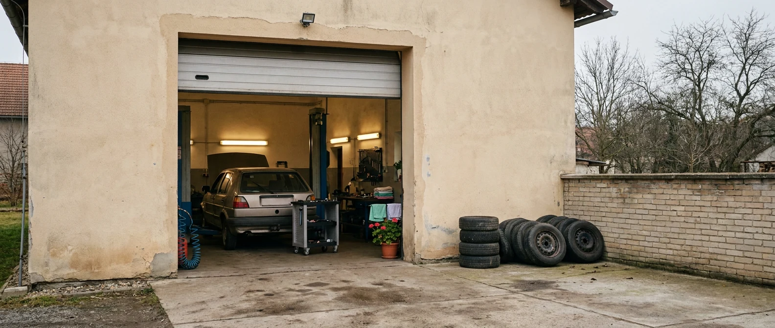 Dílna autoservisu Domašín, auto připravené na opravu