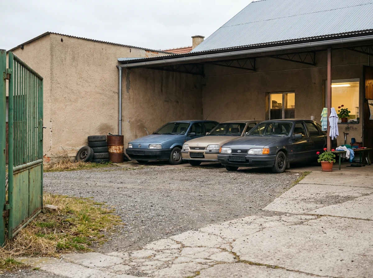 Auto přistavené na dvoře autoservisu Domašín