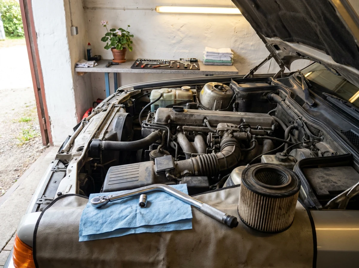 Auto na zvedáku během opravy v dílně